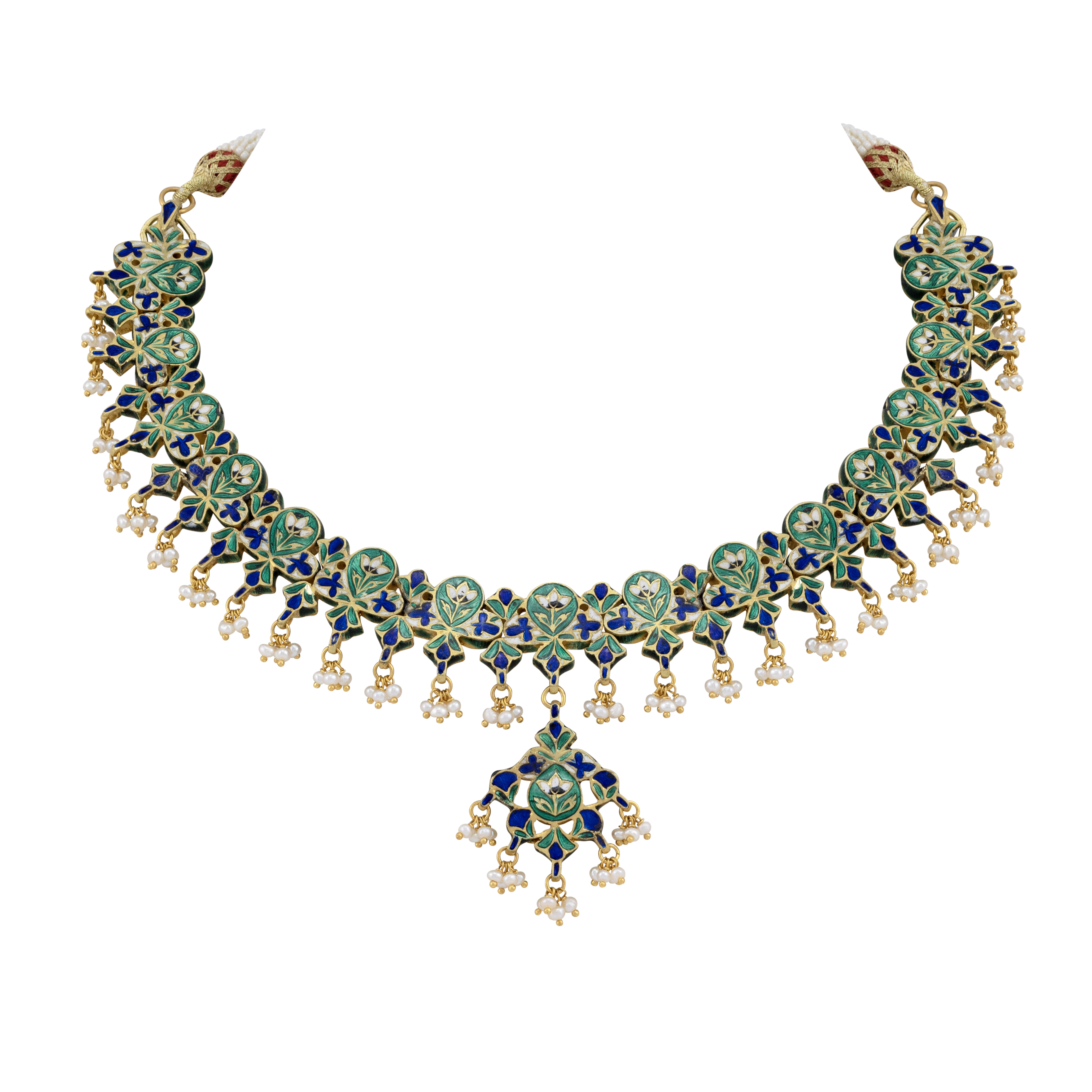 Polki Necklace with Red Enamel and Pearl Bead Clusters